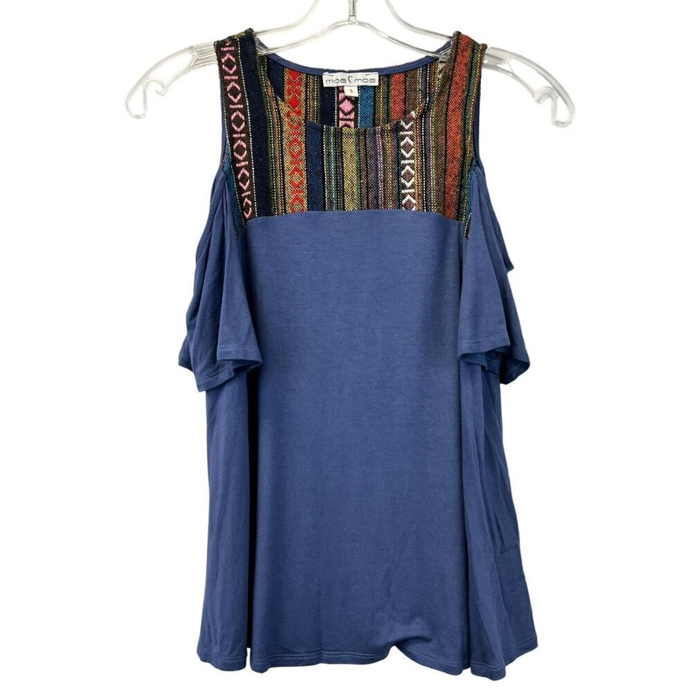 Moa Moa Women’s Short Sleeve Cold Shoulder Embroidered Neckline Top Blue/Multi S